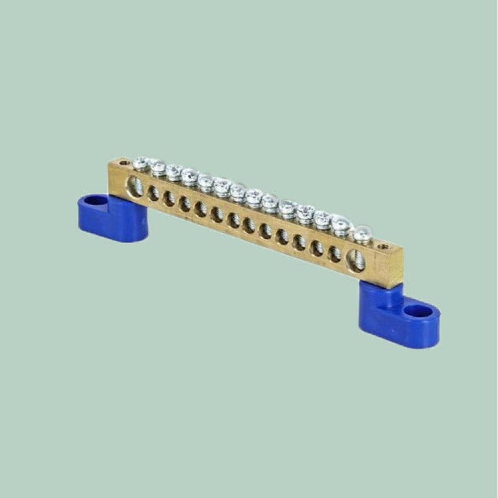 Шина нулевая изолированная ШНИ 6х9-14-У2 с двумя угловыми изоляторами синяя  Шина нулевая изолированная ШНИ 6х9-14-У2 с двумя угловыми изоляторами синяя