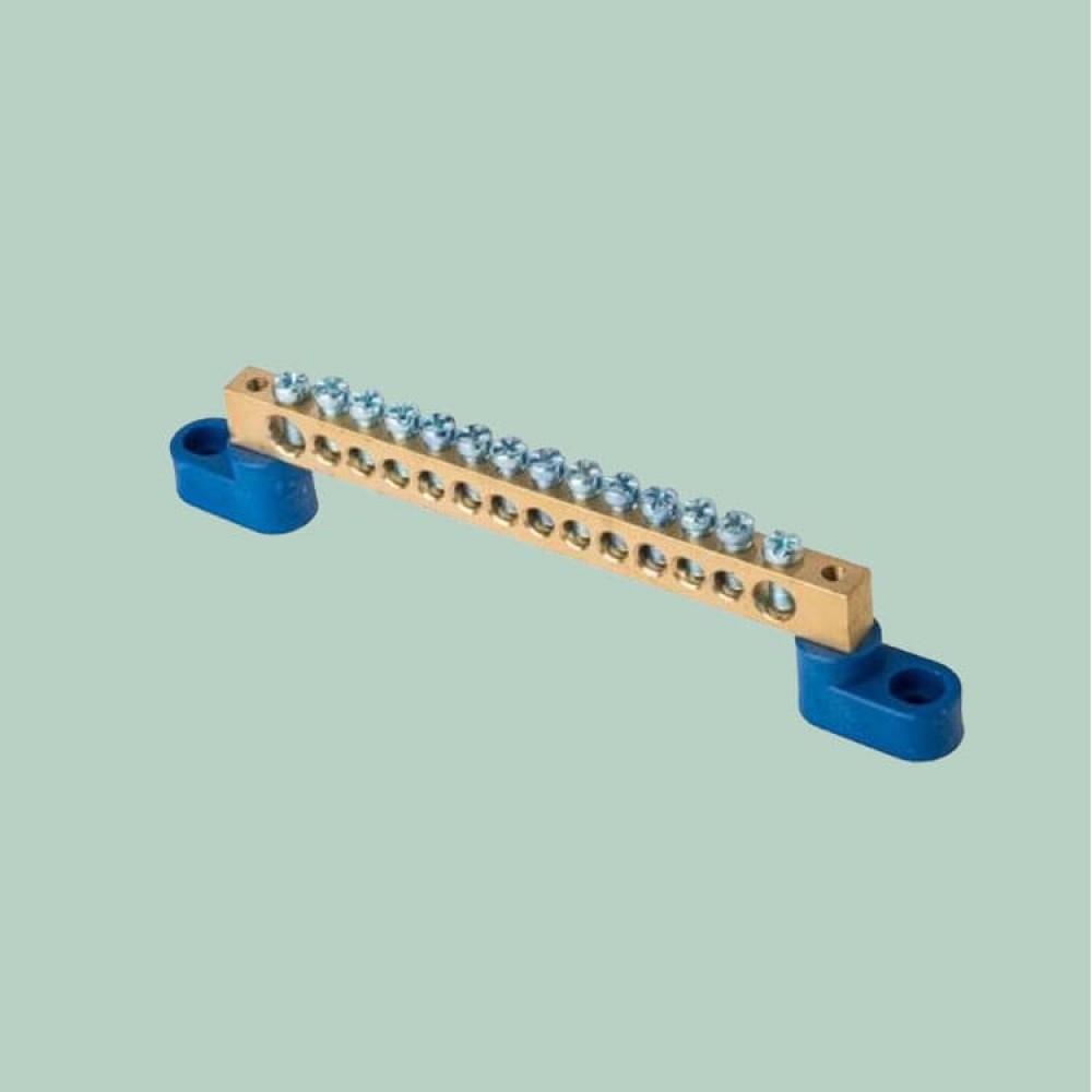 Шина нулевая изолированная ШНИ 8х12-14-У2 с двумя угловыми изоляторами синяя  Шина нулевая изолированная ШНИ 8х12-14-У2 с двумя угловыми изоляторами синяя